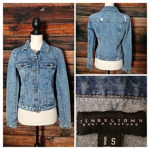 Tinseltown Jean Jacket Size S Cropped Distressed Acid Wash Blue Denim